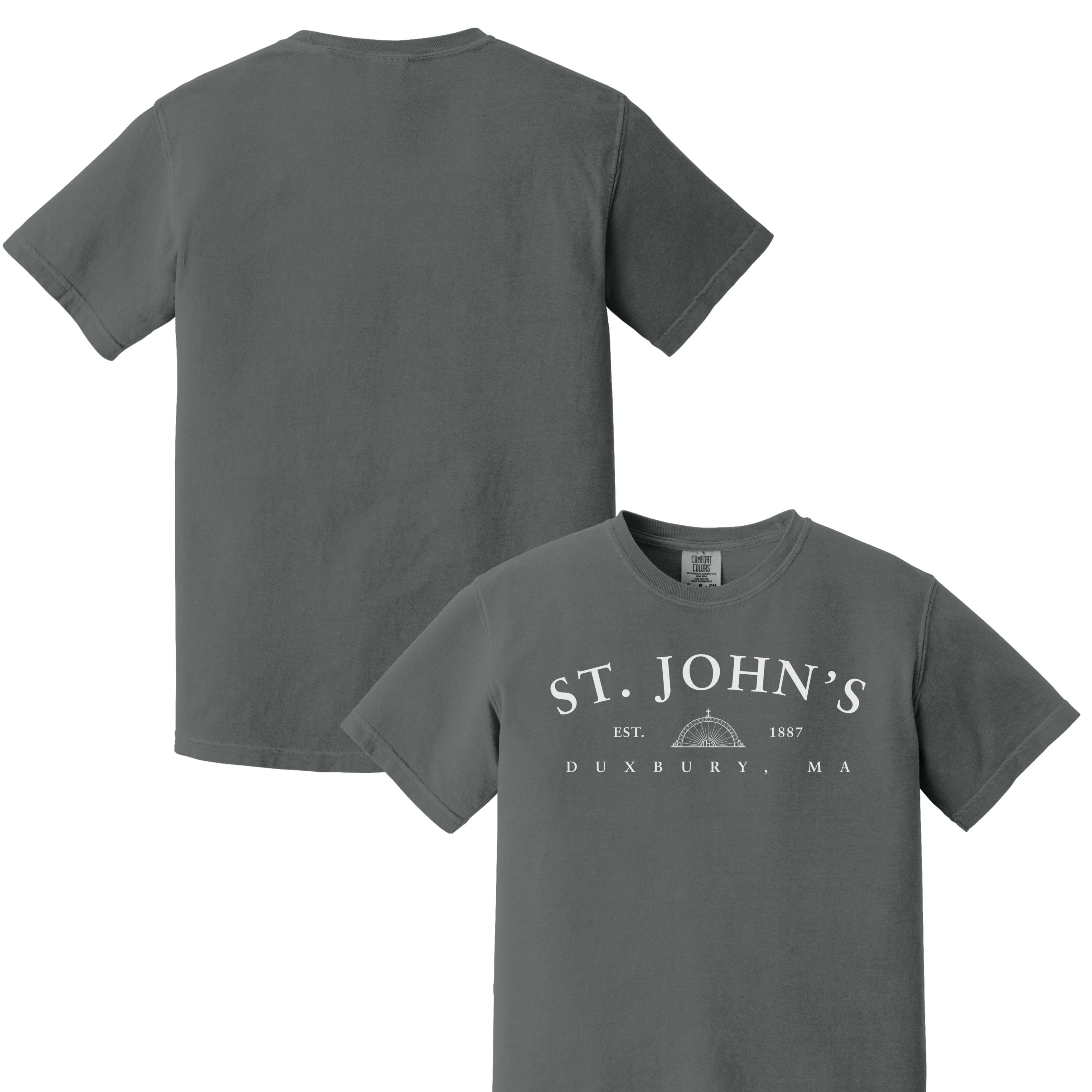 Gray t-shirt with 'St. John's Duxbury, MA' text on a white background