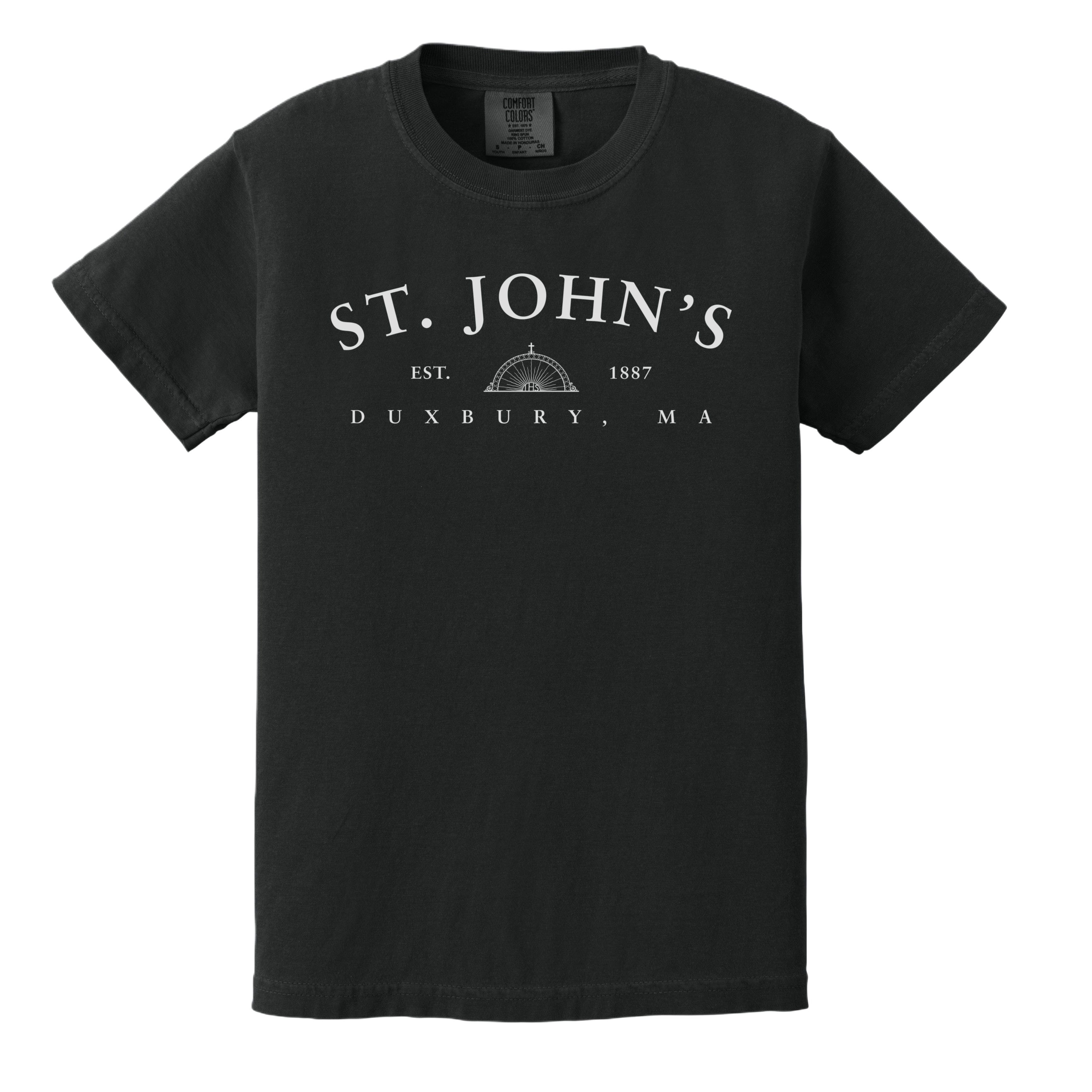 Black t-shirt with 'St. John's Duxbury, MA' text on a white background