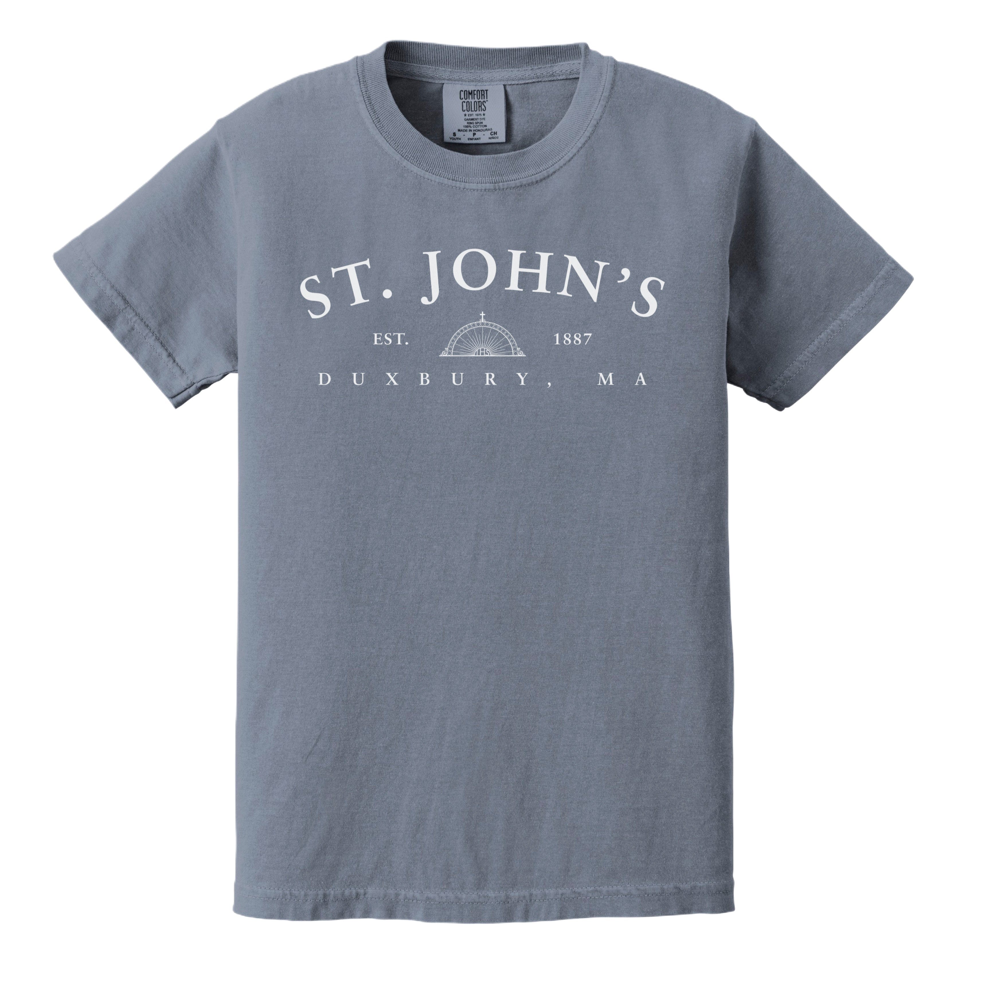 Blue t-shirt with 'St. John's Duxbury, MA' text on a white background