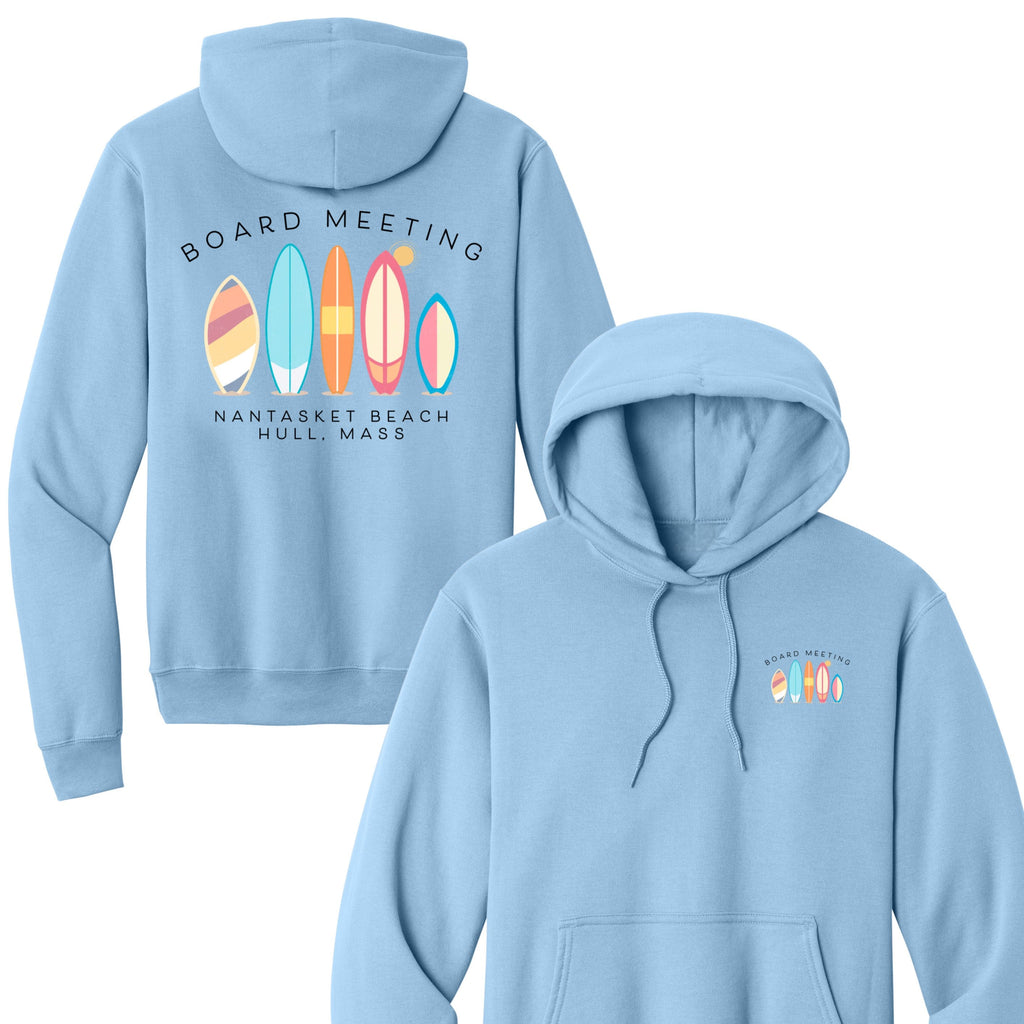Light blue hoodie with surfboard design on front and back, featuring text 'Board Meeting Nantasket Beach Hull, Mass'.