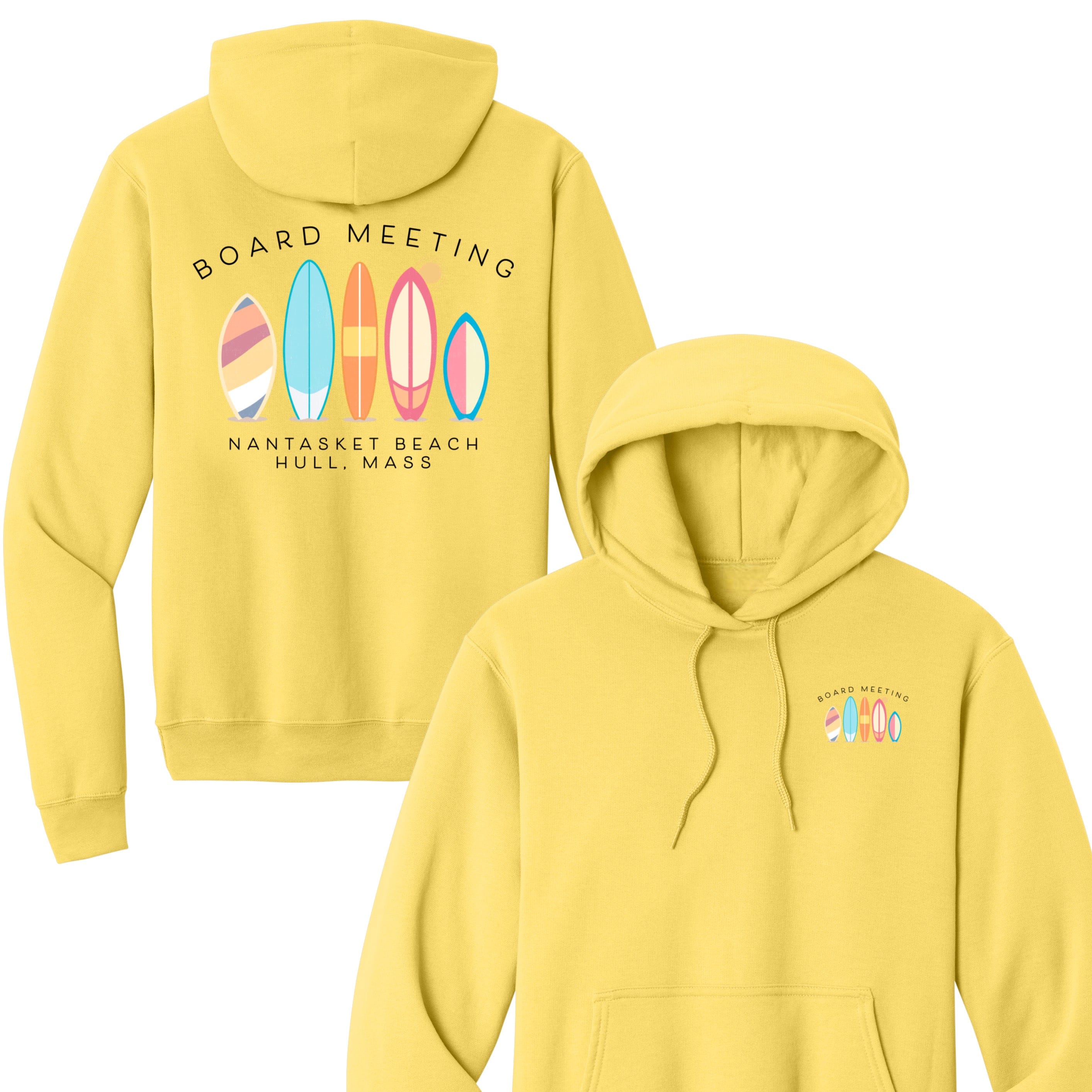 Yellow hoodie with surfboard design and text on a white background