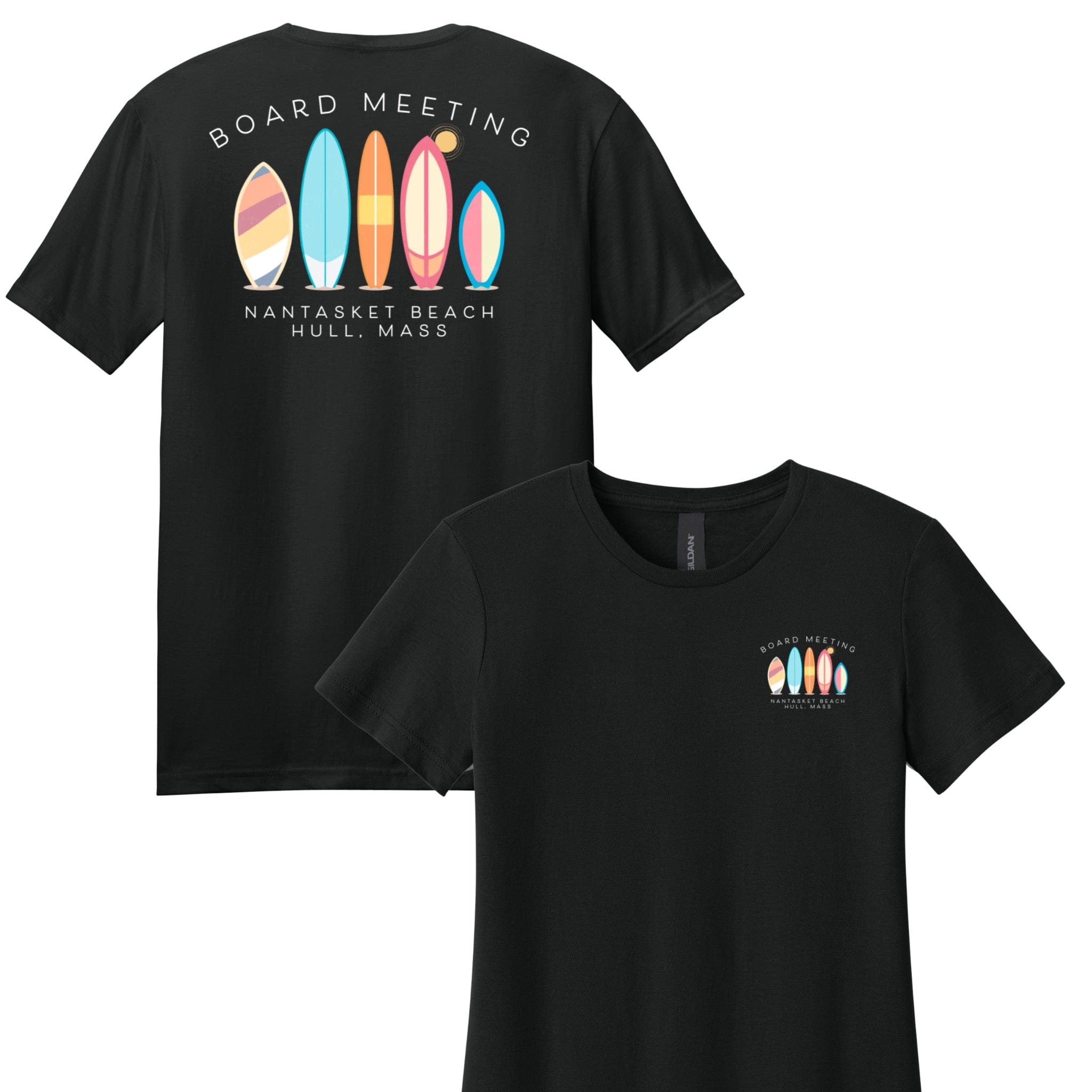 Black t-shirt with colorful surfboard design and text on a white background