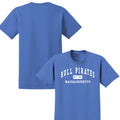 Blue t-shirt with 'Hull Pirates Massachusetts' text on a white background