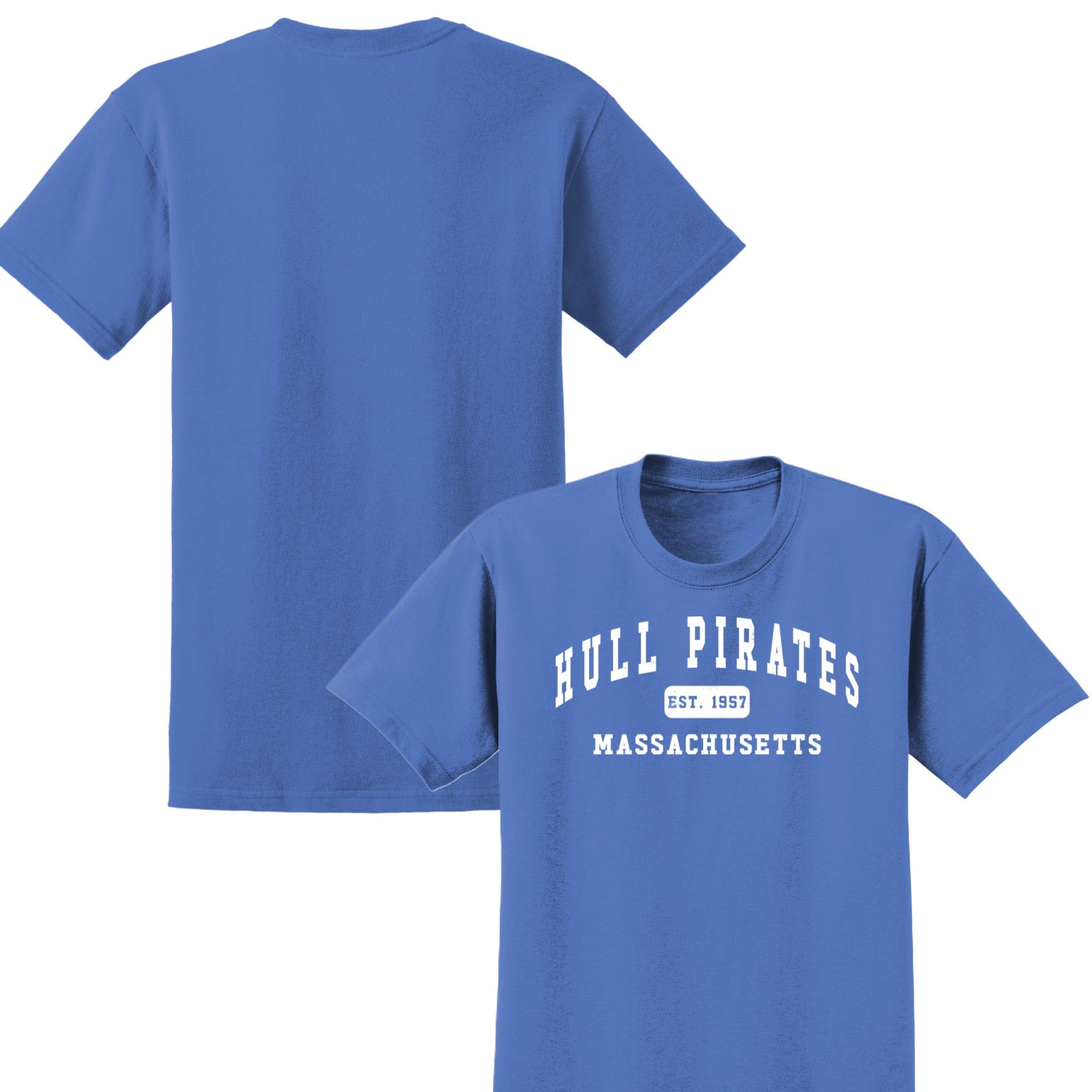 Blue t-shirt with 'Hull Pirates Massachusetts' text on a white background